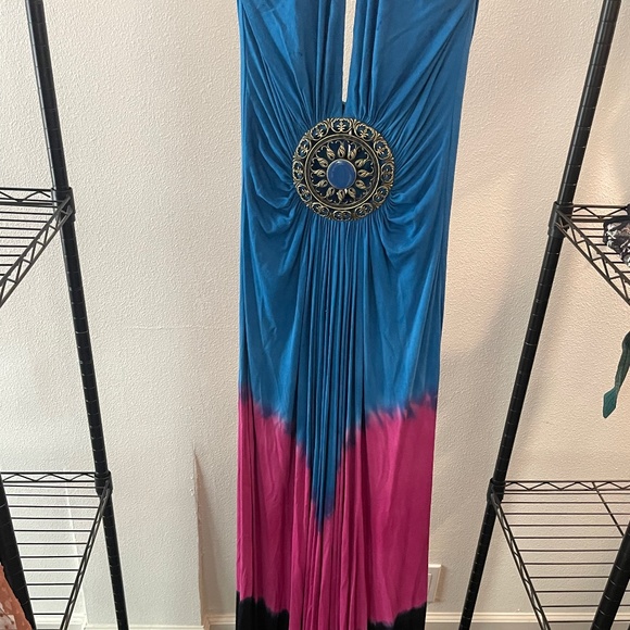 Sky blue, pink, and black Maxi Dress &feather tie - Picture 2 of 10